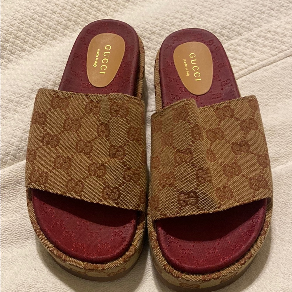Gucci Tan Monogram Slide Sandals